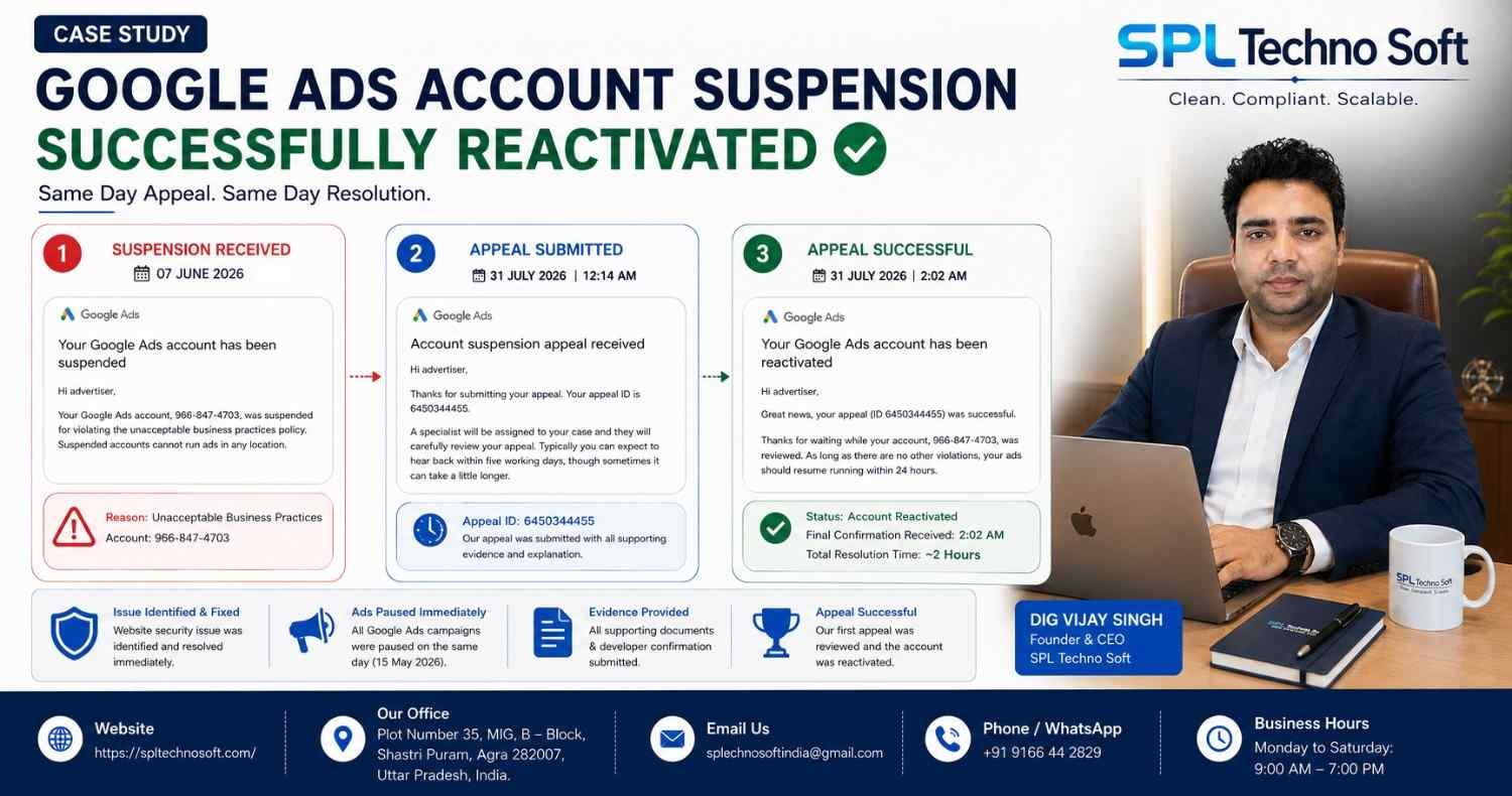 Google Ads Account Suspension guide explaining Unacceptable Business Practices (UBP), website security, appeal process, account recovery, and long-term compliance.