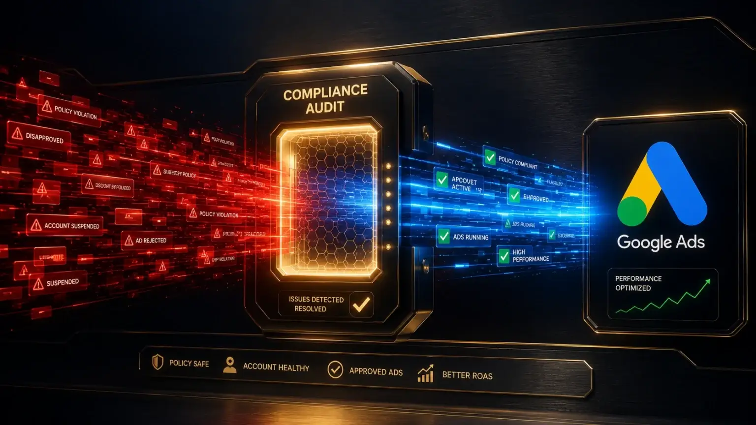 Google Ads account recovery: Visualizing the shift from suspended policy violations to approved, high-performance ads through a compliance audit.